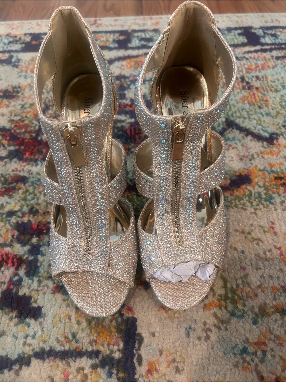 Glitter Zip-Front Strappy High Heels in Silver